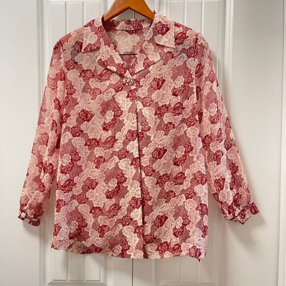 Vintage Sheer Floral Rose Button up Collar Blouse Red & White - Picture 11 of 14